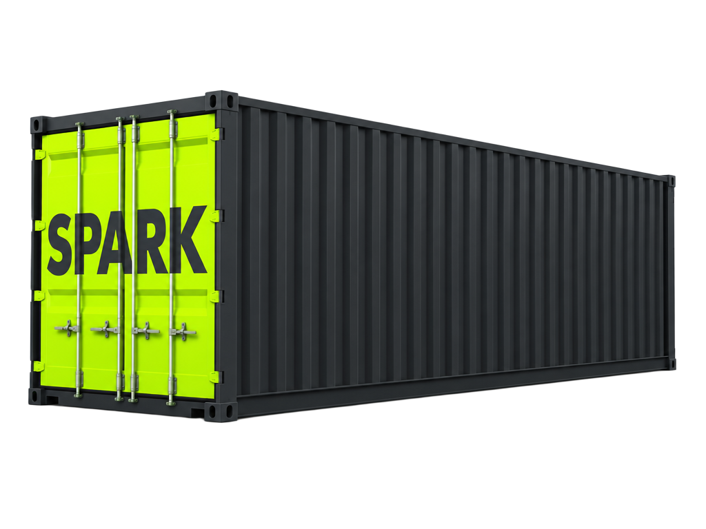 Illustration of a 20ft charcoal storage container with lime Spark doors, twice the length of the 10ft option